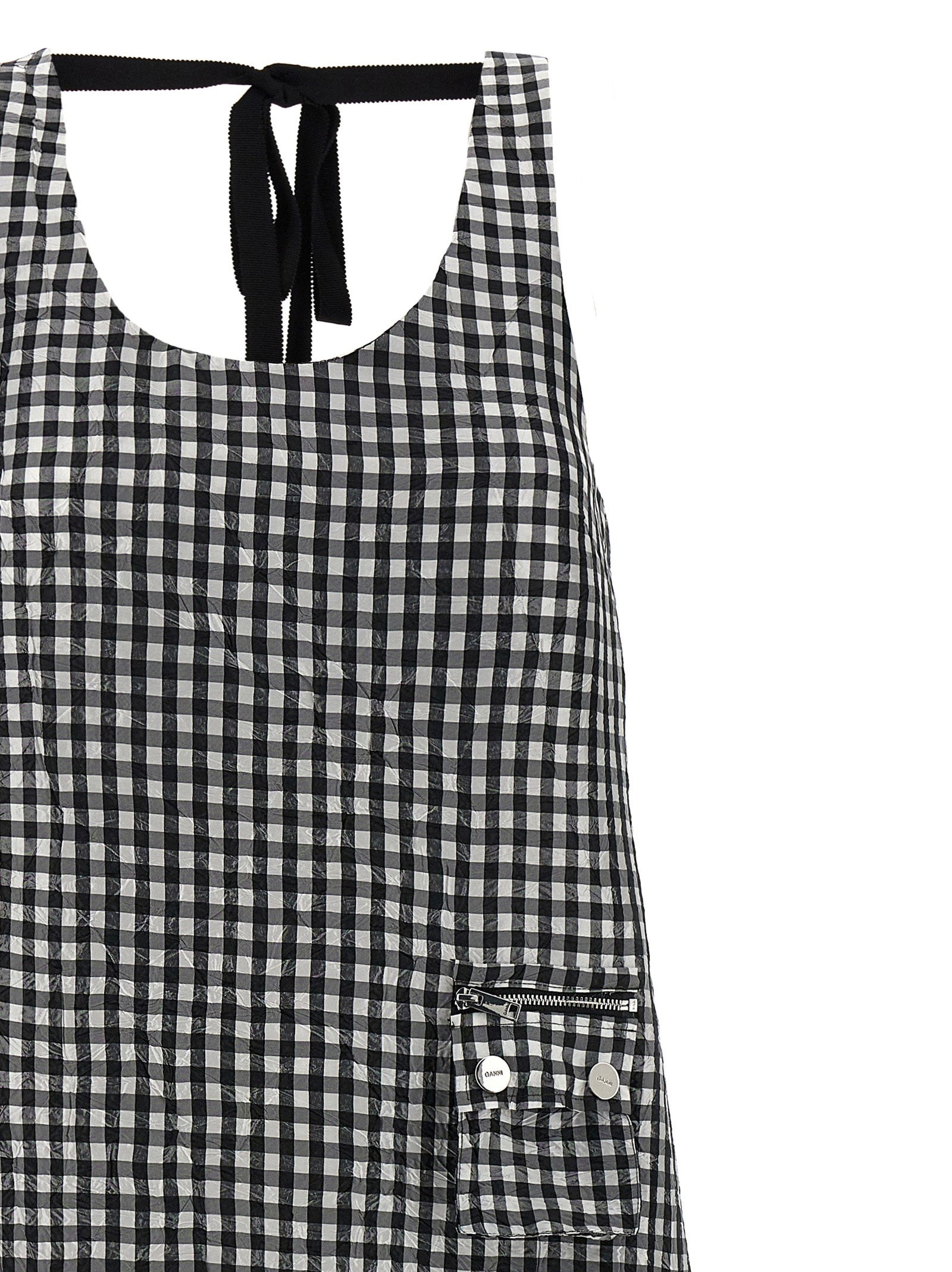Ganni Crinkled Check Long Dress Black