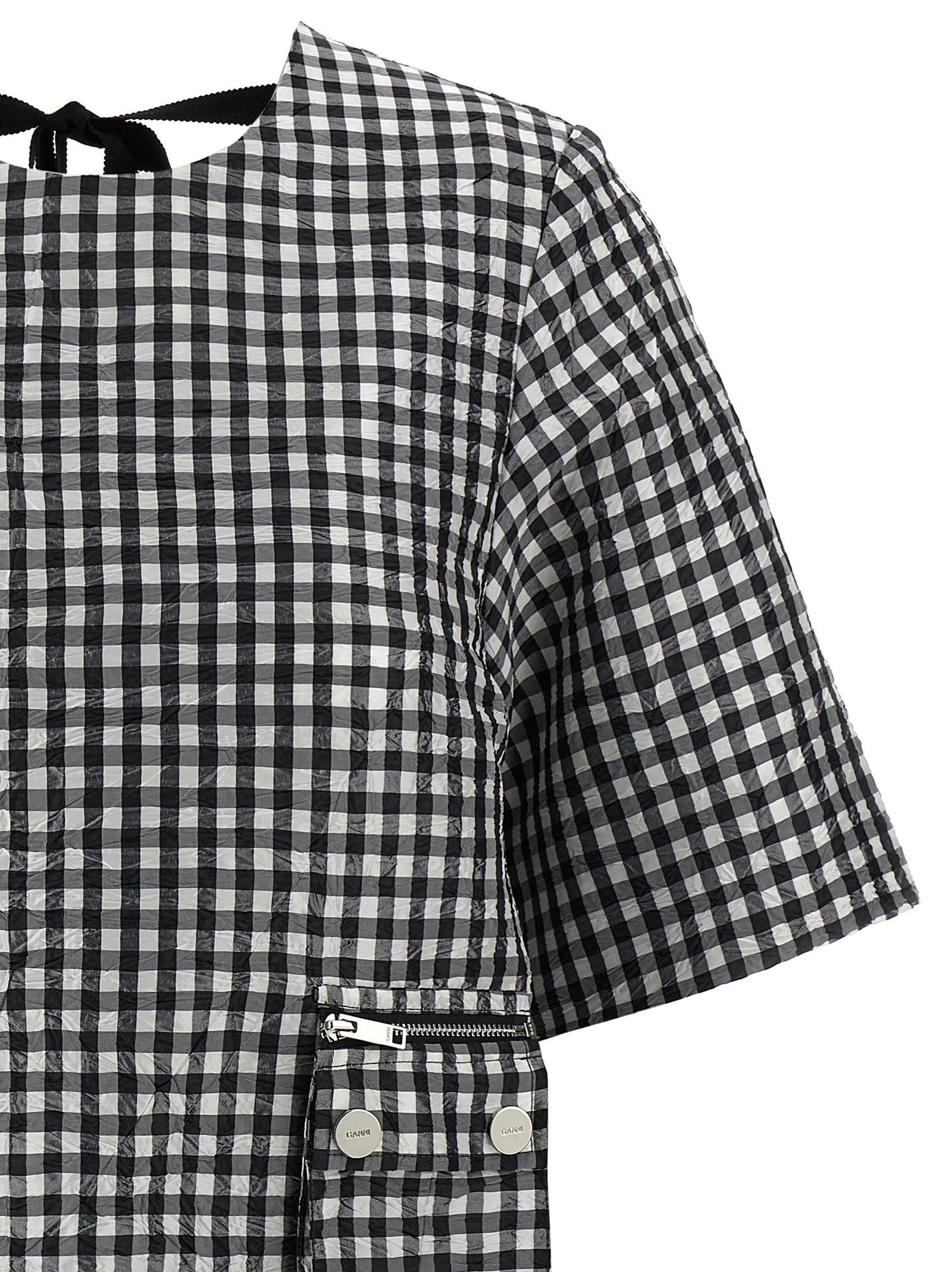 Ganni Crinkled Check Mini Dress White/black