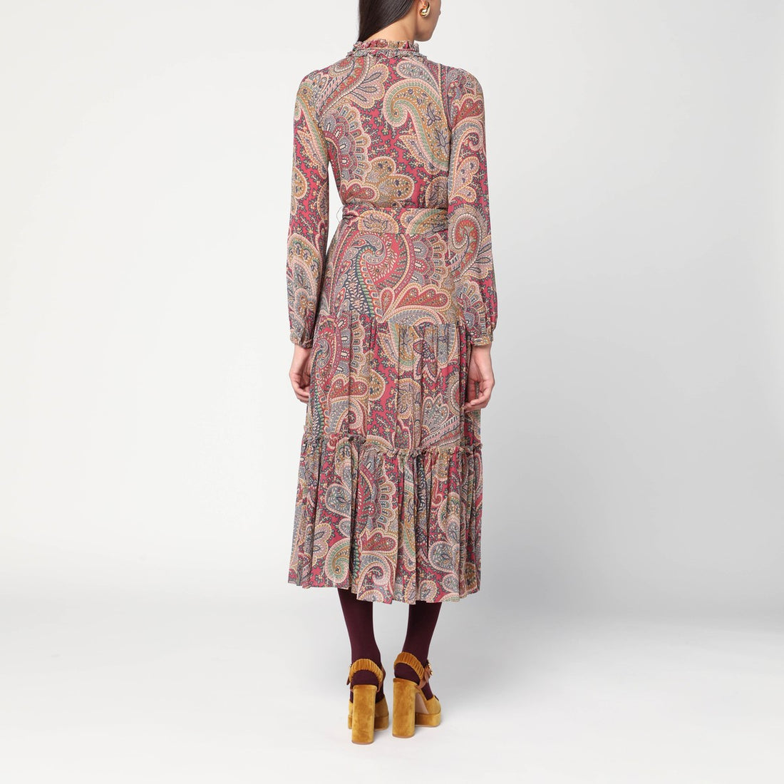Etro Long Paisley-Print Viscose Dress with Ruffled Neck Multicolor