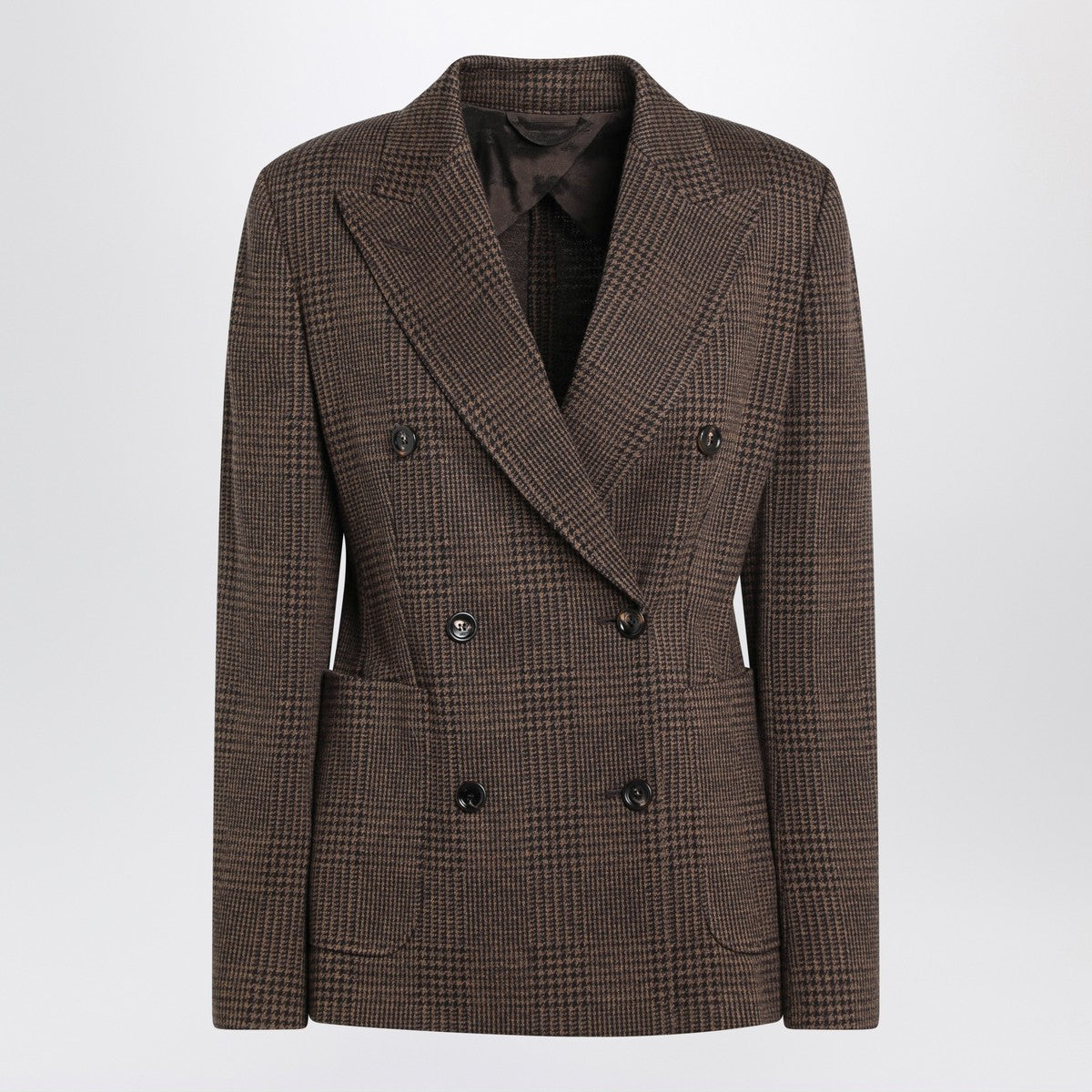 Max Mara Brown Prince of Wales Double-Breasted Wool-Cotton Blazer Brown