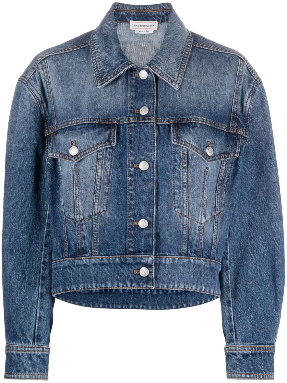 Alexander Mcqueen Cropped Indigo Denim Jacket with Classic Collar Denim