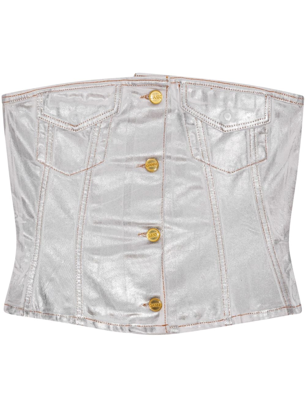 Ganni Foiled Organic Cotton Denim Top Silver