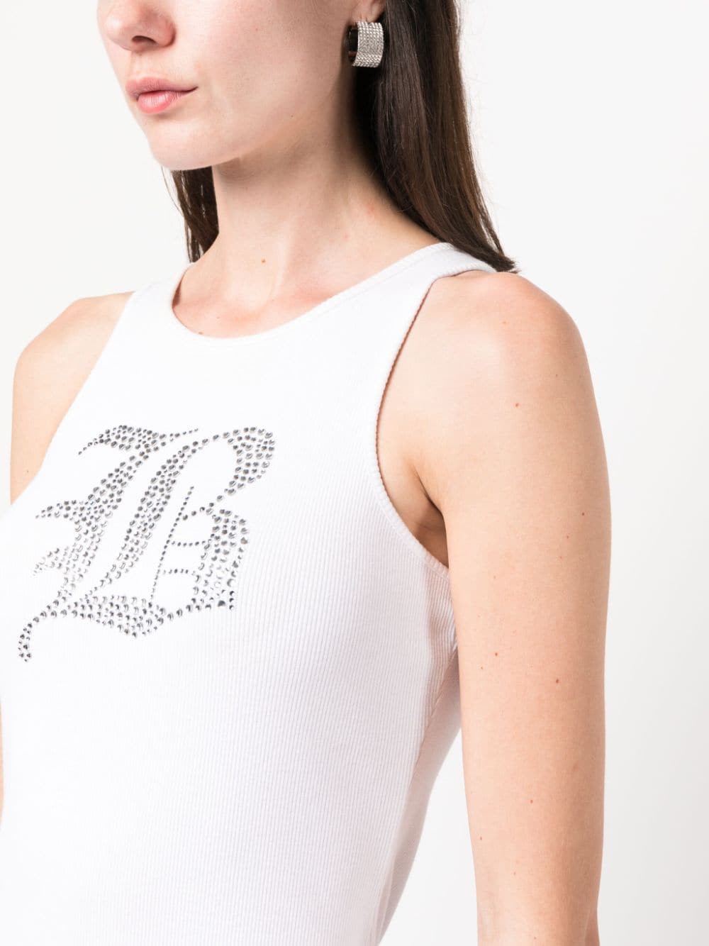 Blumarine Rhinestone-Embellished Ribbed Stretch-Cotton Tank Top White