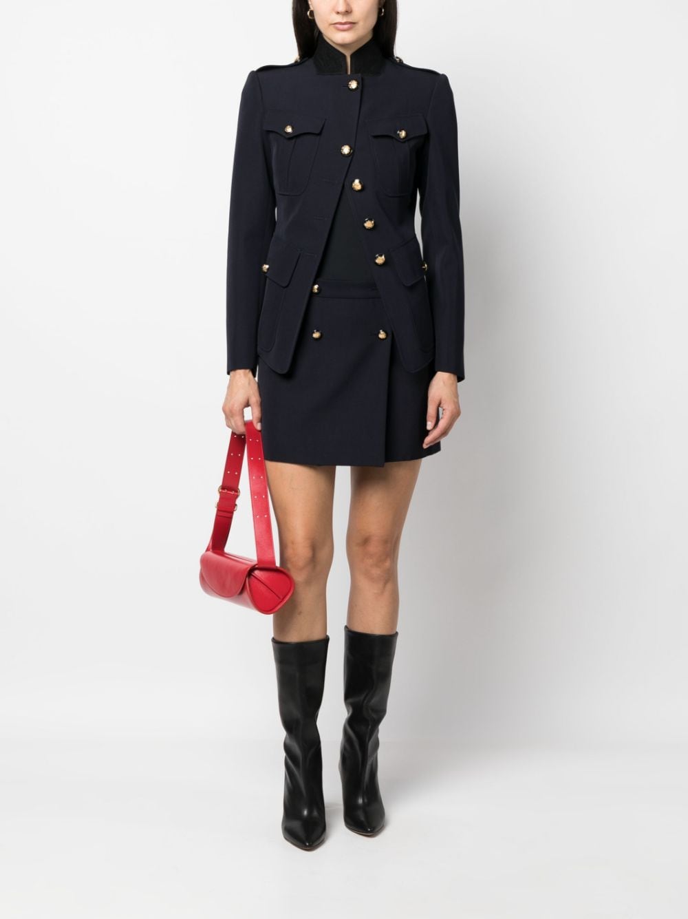 Alexander McQueen Wool-Cotton Twill Mini Wrap Skirt with Gold Buttons Blue