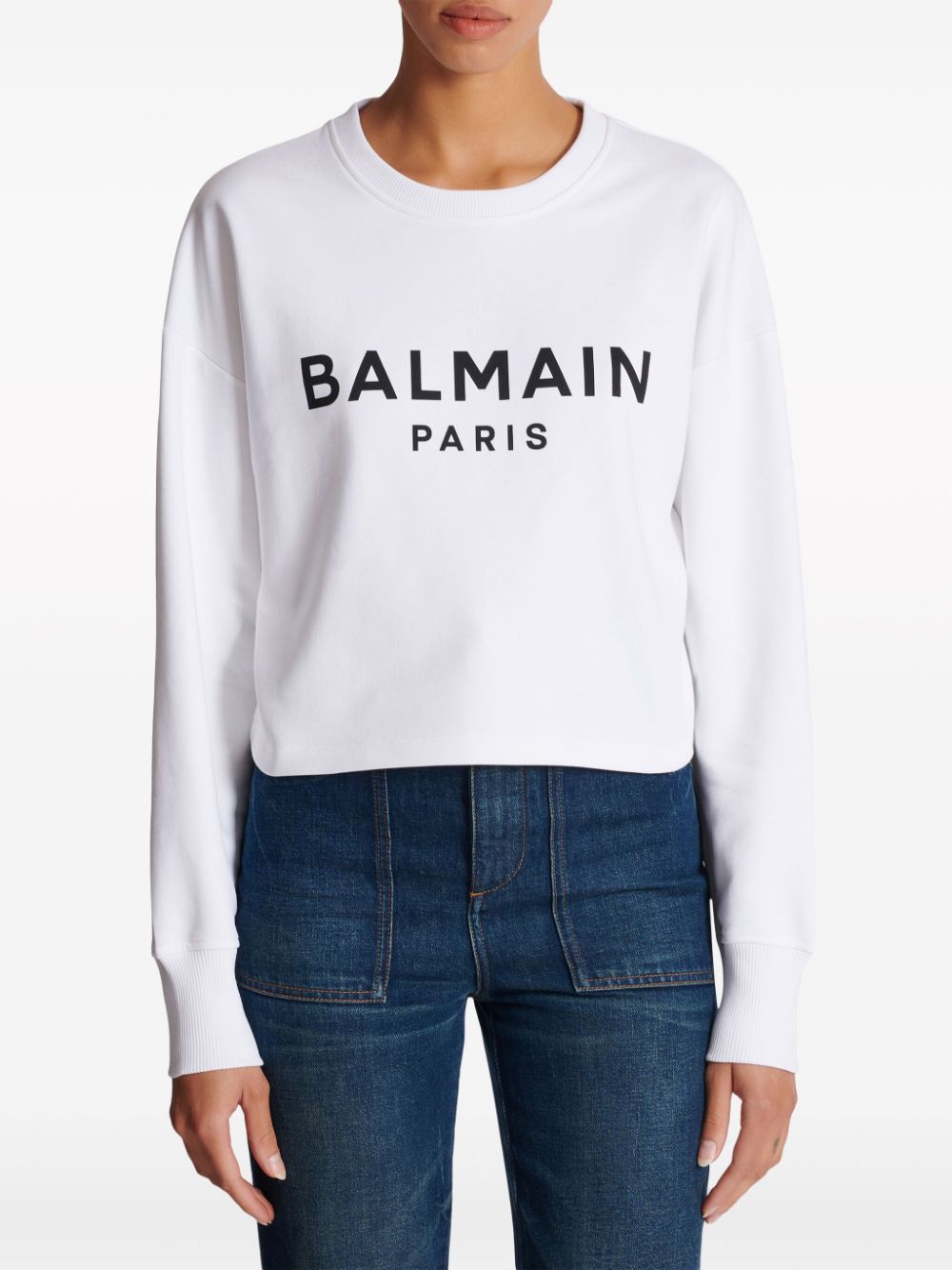 Balmain Logo-Print Organic Cotton Cropped Sweatshirt White