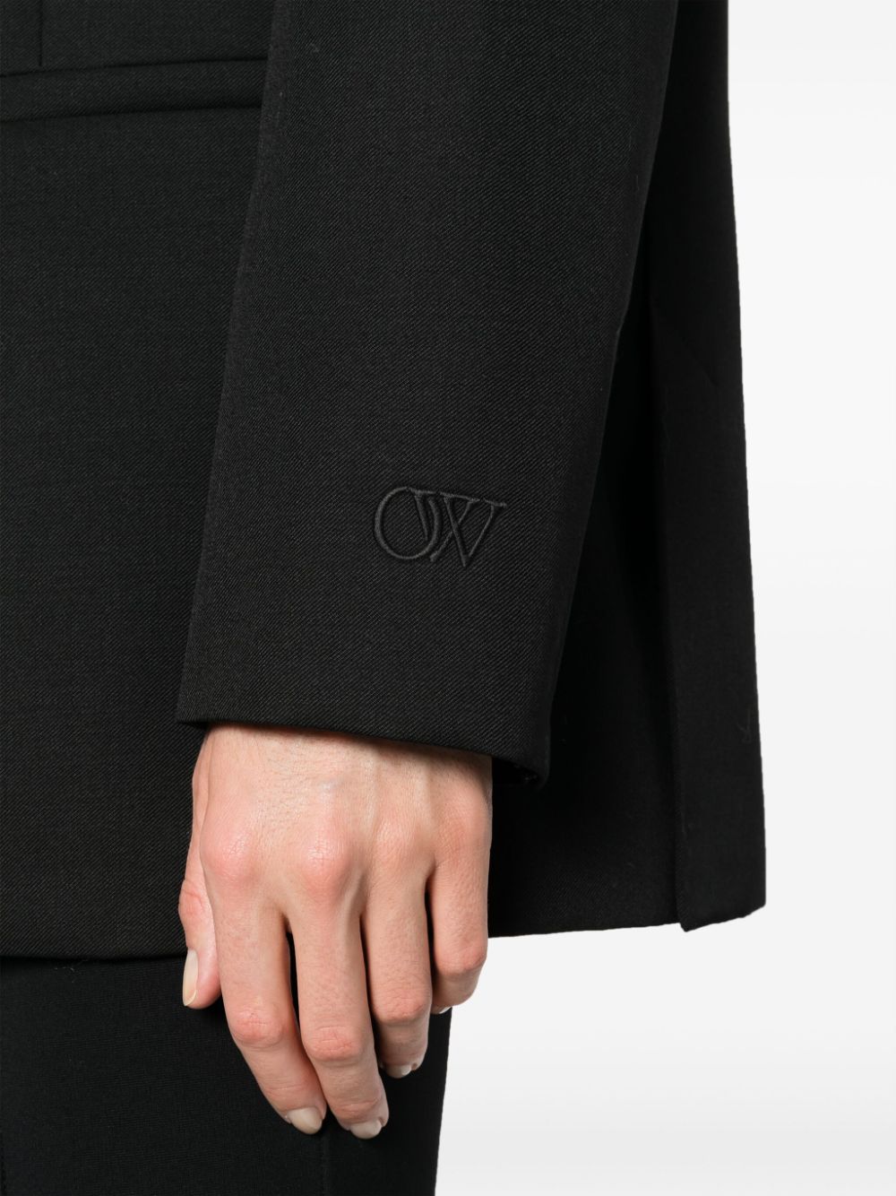 Off White Virgin Wool Embroidered Cuff Blazer Black