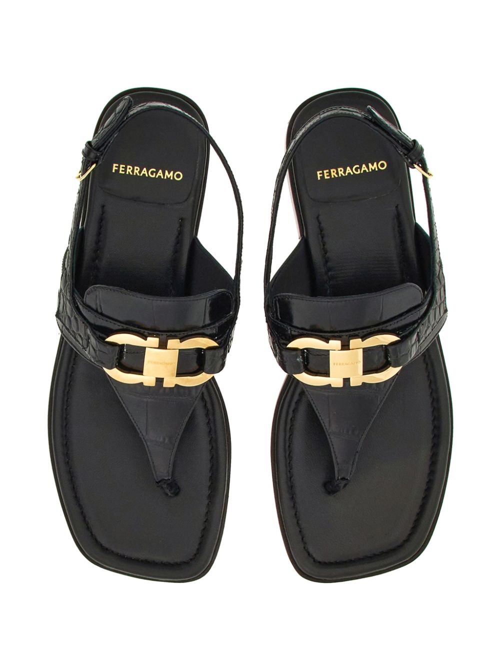 Ferragamo Gancini Buckle Black Leather Sandals Black