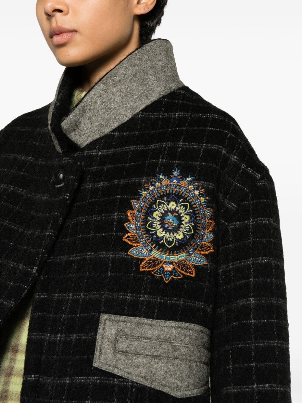 Etro Cropped Checked Wool-Blend Embroidered Jacket Black
