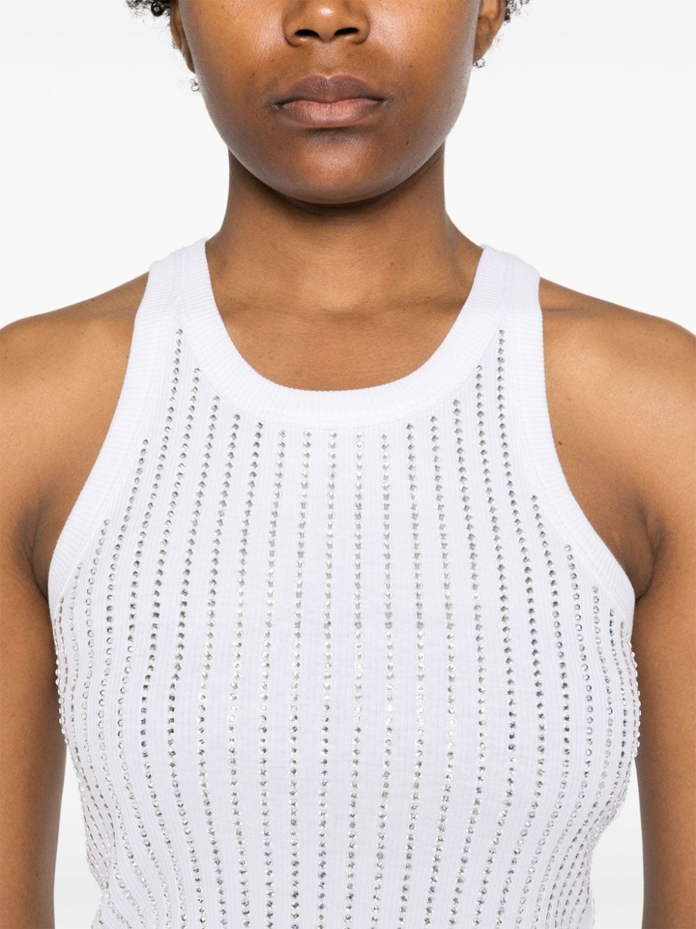 The Attico Ribbed Knit Embellished Scoop Neck Top White