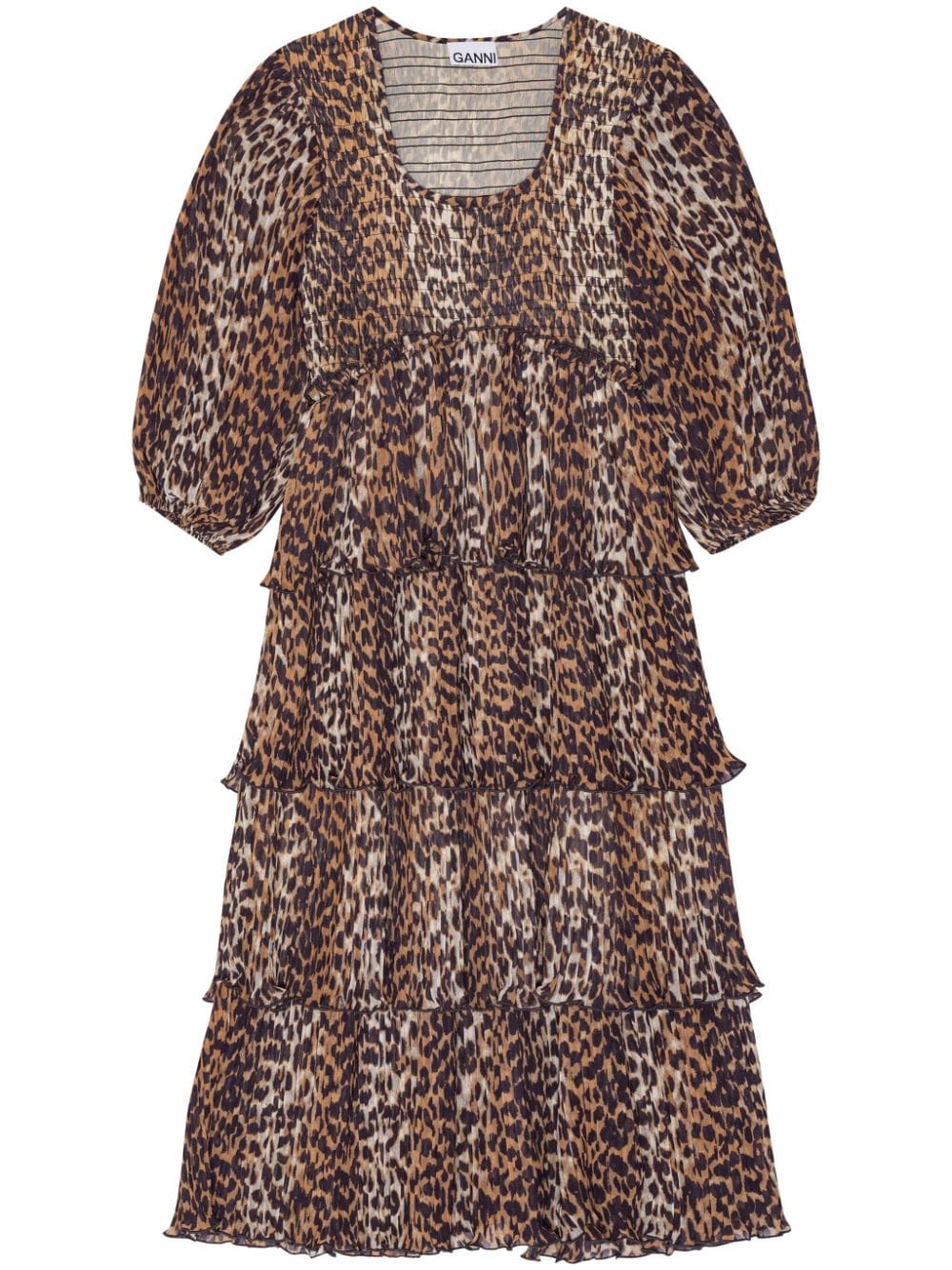 Ganni Leopard-Print Layered Georgette Mid-Length Dress Brown