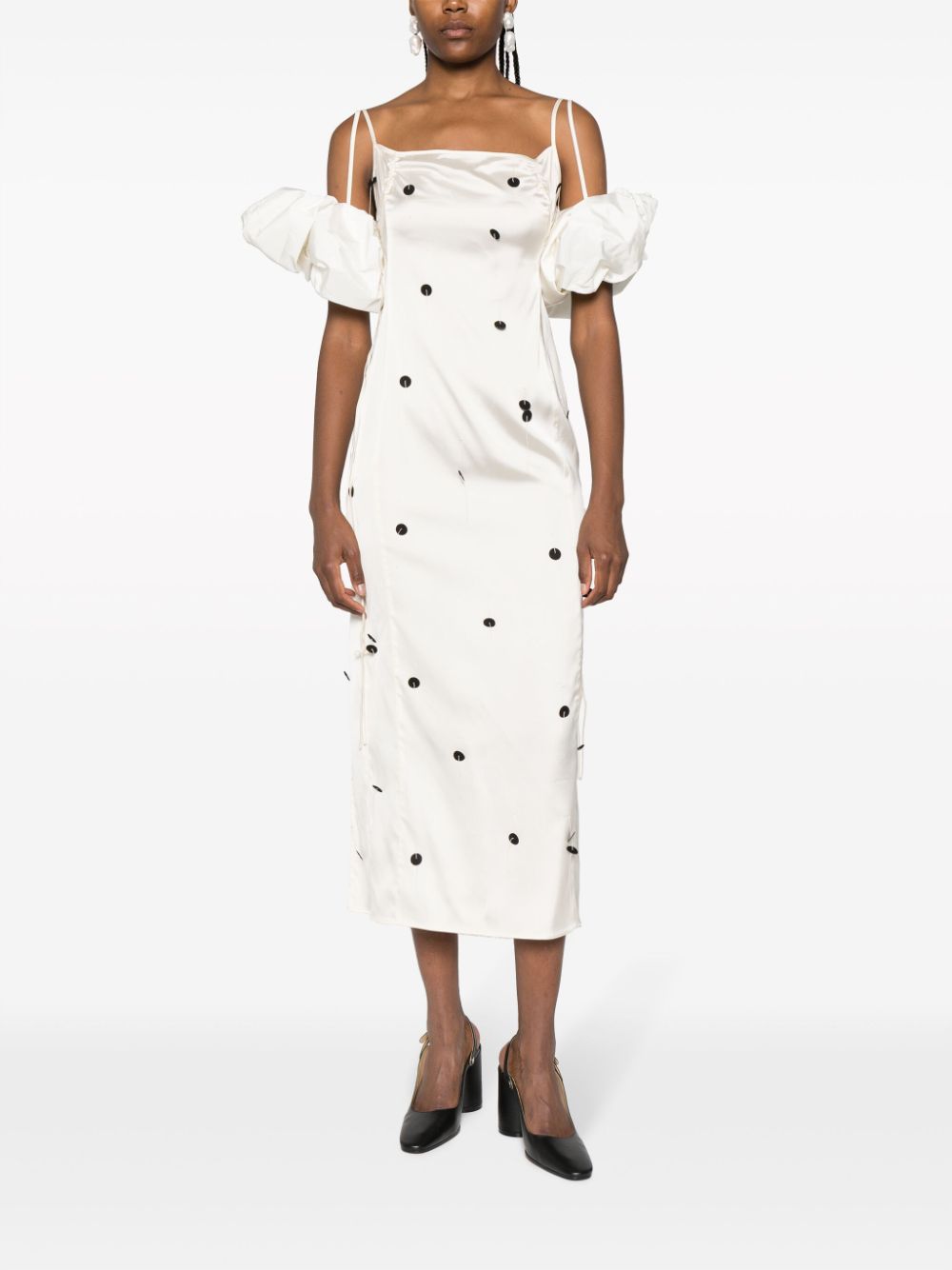 JACQUEMUS Chouchou Polka-Dot Satin Midi Dress White Black