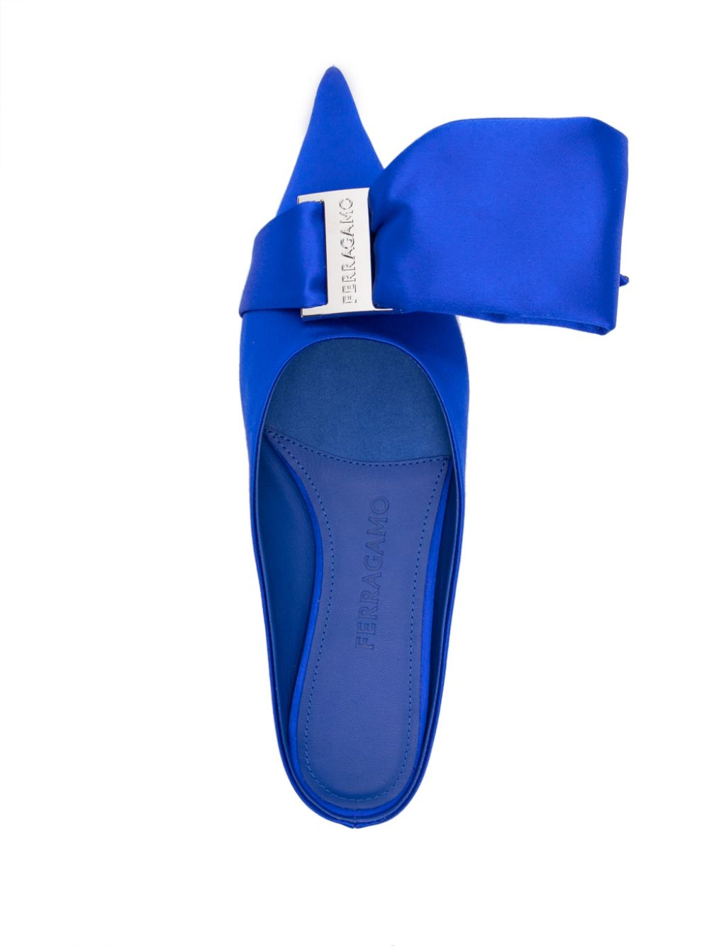 Ferragamo Asymmetric Bow Satin Mules Blue