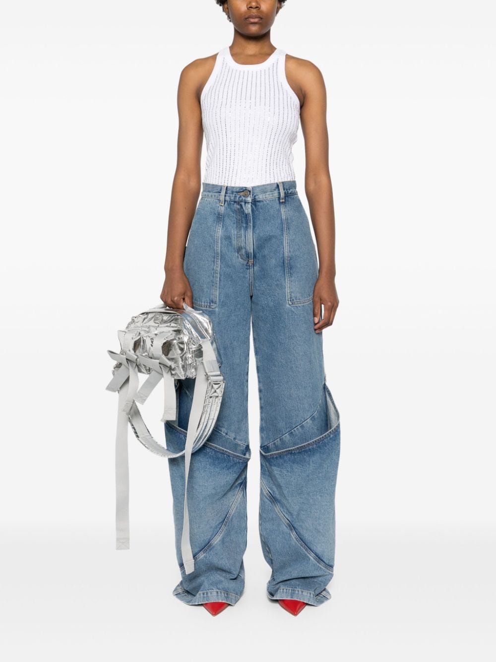 The Attico Ribbed Knit Embellished Scoop Neck Top White