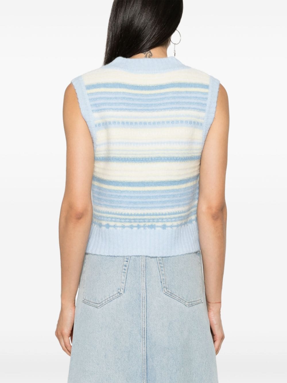 Ganni Striped Sleeveless Merino Wool-Blend Sweater Vest Clear Blue