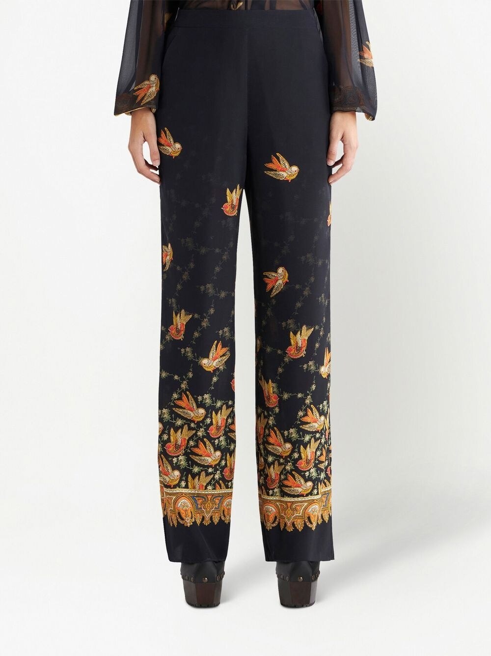 Etro Paisley-Print Straight Silk Trousers Black black