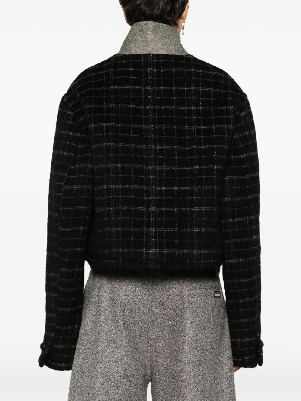 Etro Cropped Checked Wool-Blend Embroidered Jacket Black