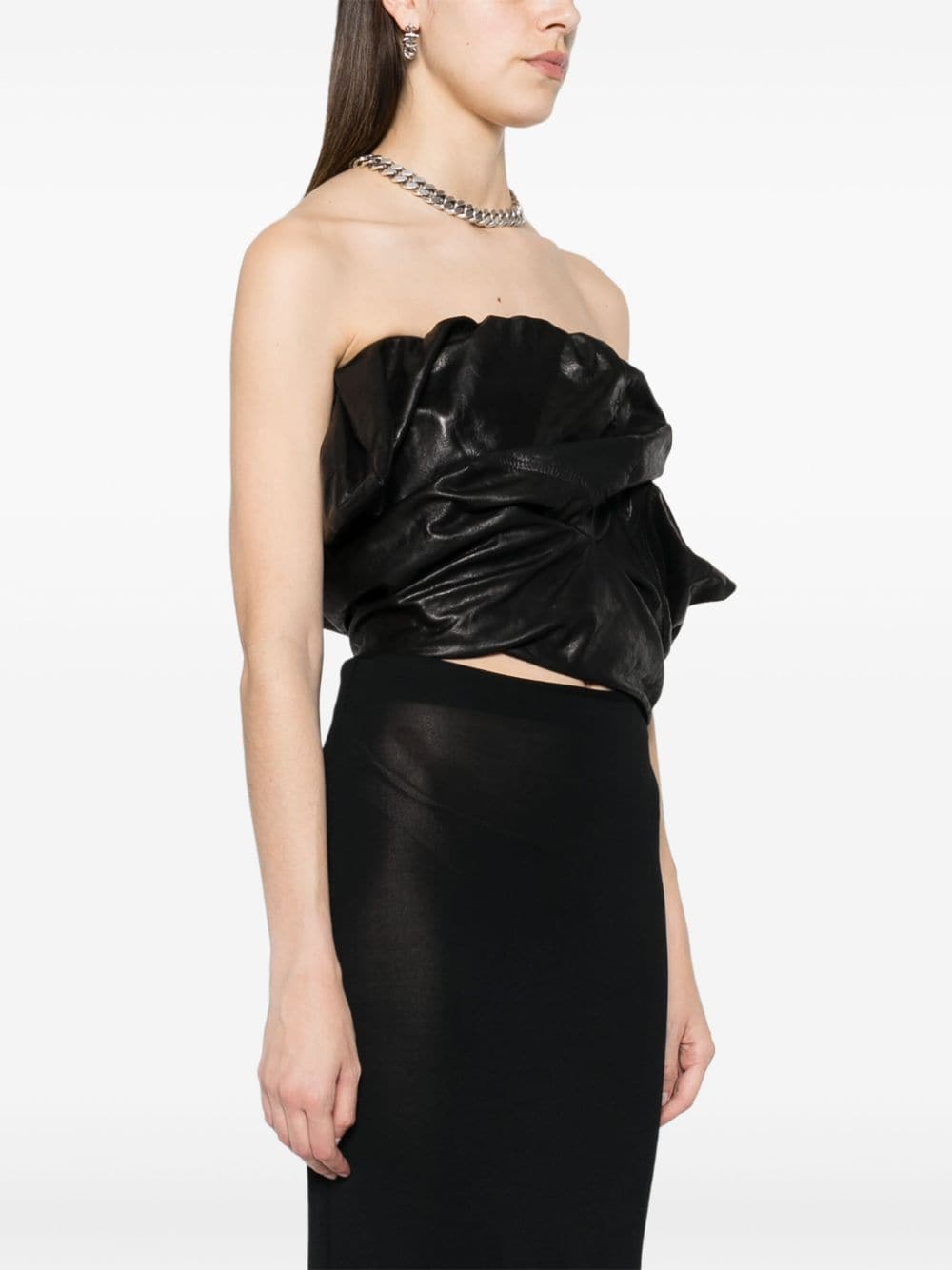 Draped Design Asymmetric Leather Bustier Black