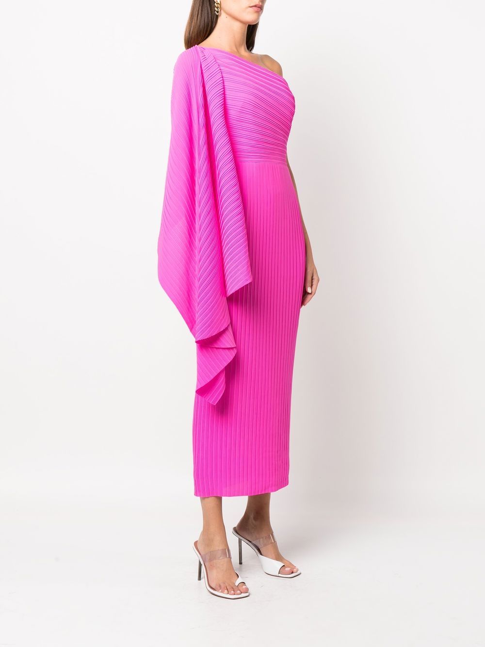 Solace London Pleated One-Shoulder Ribbed Midi Dress Fuchsia
