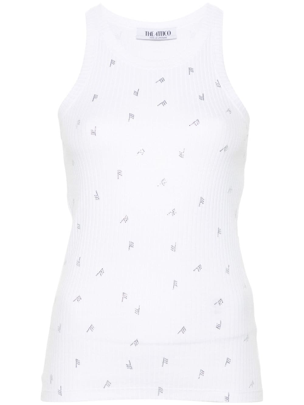 The Attico Ribbed Cotton Rhinestone Logo Sleeveless Top White