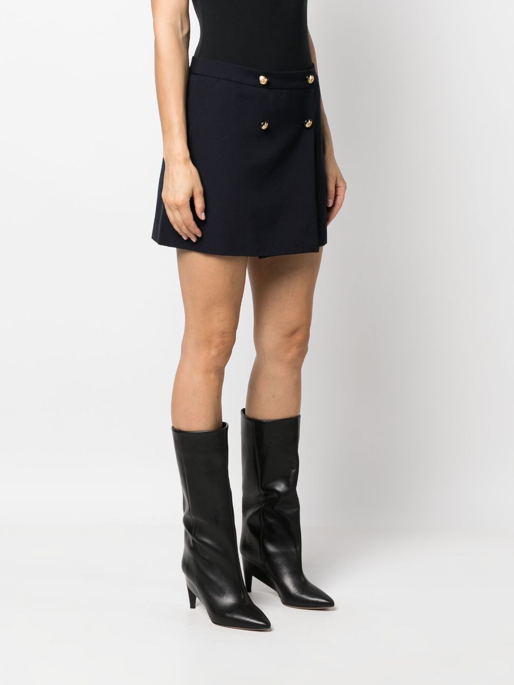 Alexander McQueen Wool-Cotton Twill Mini Wrap Skirt with Gold Buttons Blue