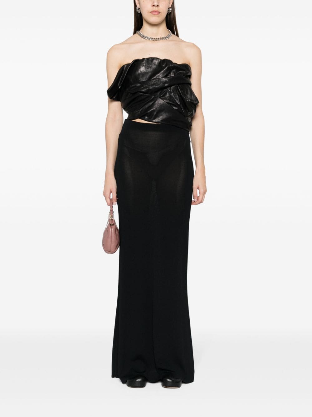 Draped Design Asymmetric Leather Bustier Black