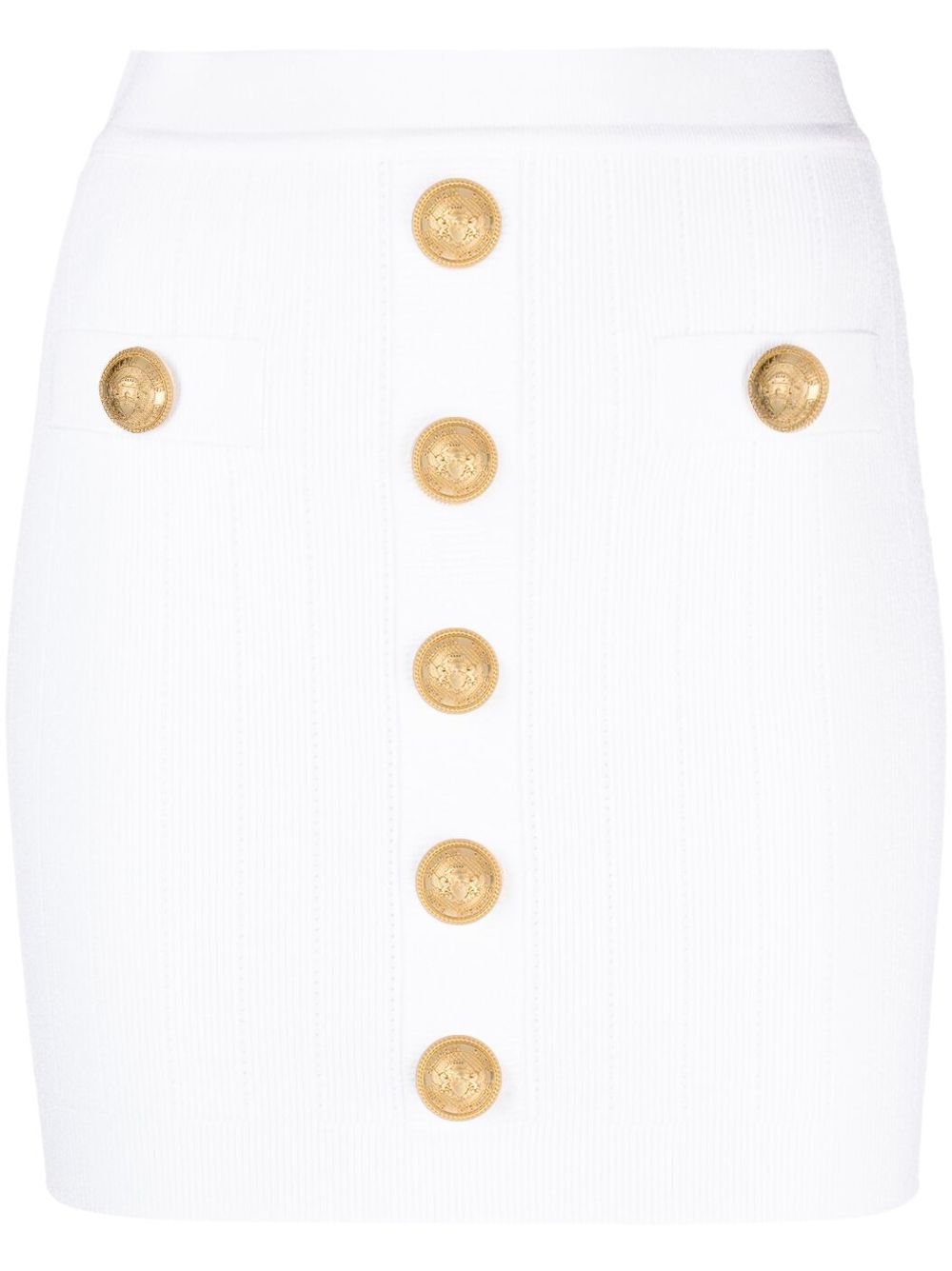 Balmain Ribbed-Knit Mini Skirt with Gold-Tone Logo Buttons White