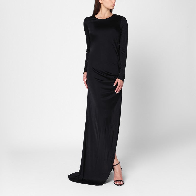 Giuseppe Di Morabito Long Draped Black Dress with Rhinestone Brooch Detail Black