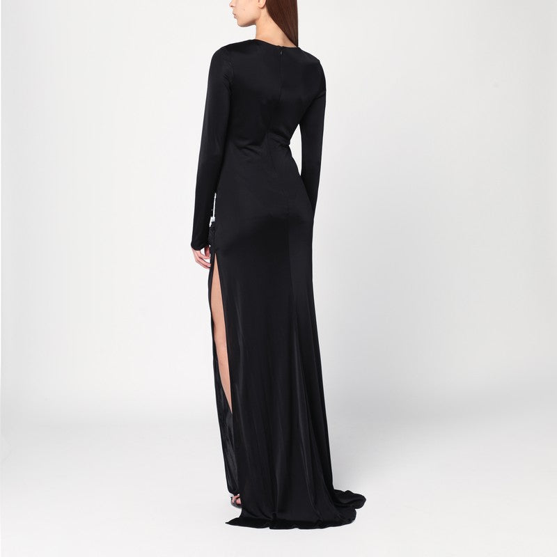 Giuseppe Di Morabito Long Draped Black Dress with Rhinestone Brooch Detail Black