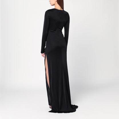 Giuseppe Di Morabito Long Draped Black Dress with Rhinestone Brooch Detail Black
