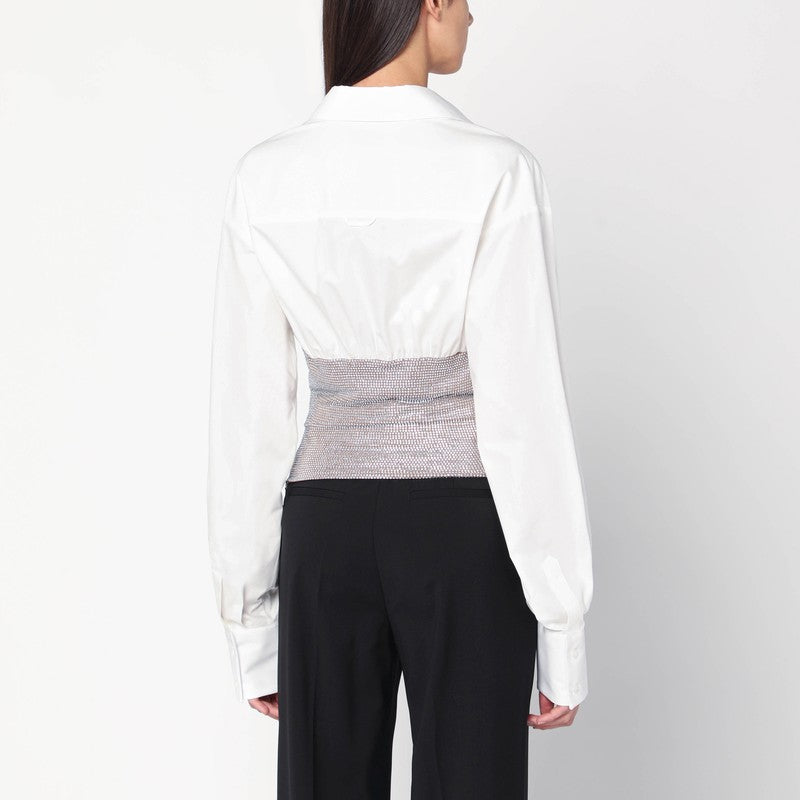 Giuseppe Di Morabito White Cotton Shirt with Silver Rhinestone Bustier Detail White