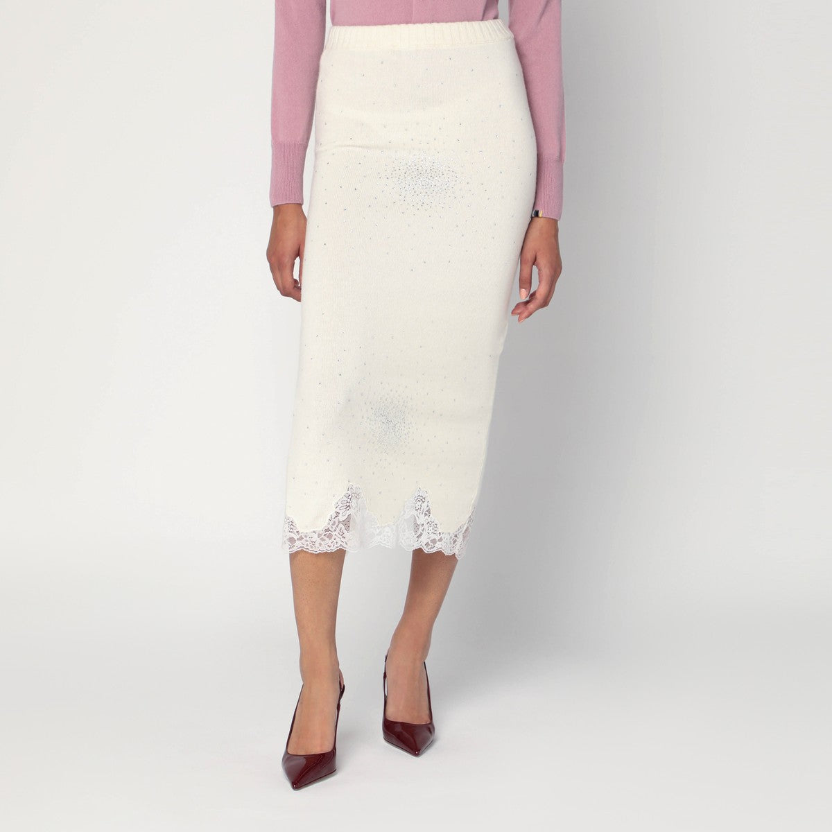 Giuseppe Di Morabito White Wool Knit Tube Skirt with Lace and Rhinestone Embellishments White