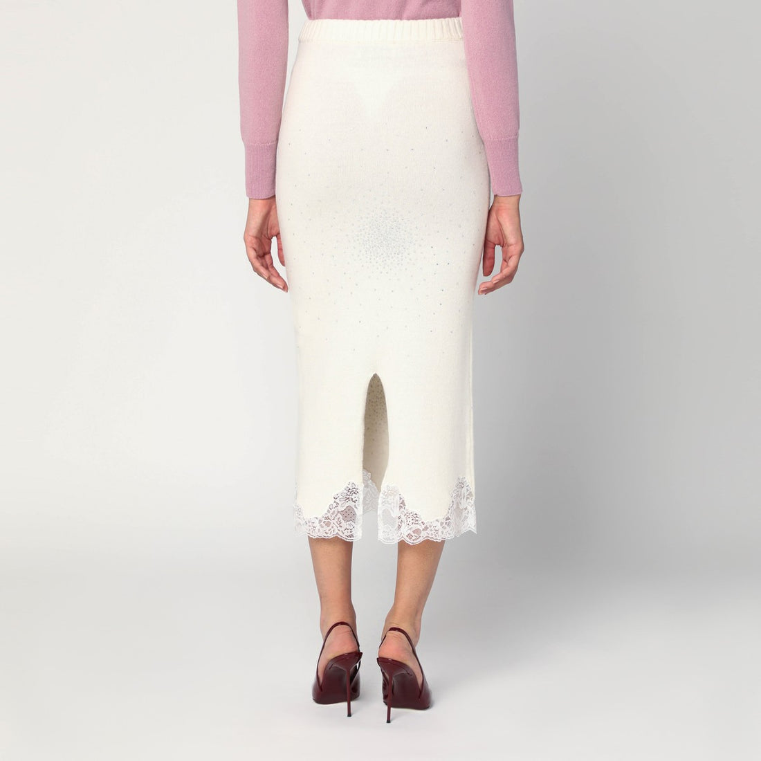 Giuseppe Di Morabito White Wool Knit Tube Skirt with Lace and Rhinestone Embellishments White