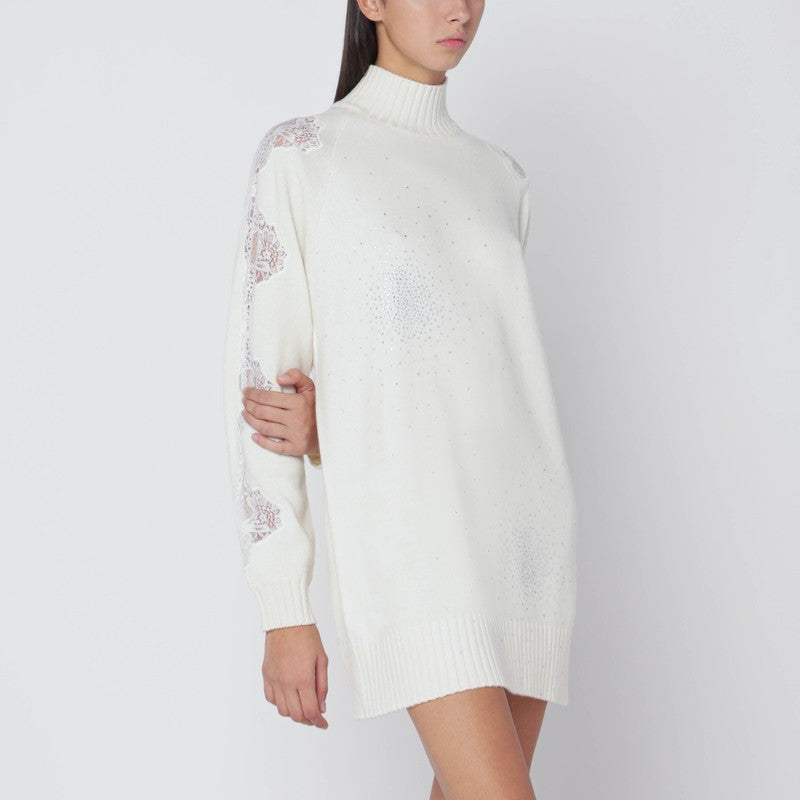 Giuseppe Di Morabito White Wool &amp; Cashmere High-Neck Lace Crystal Dress White