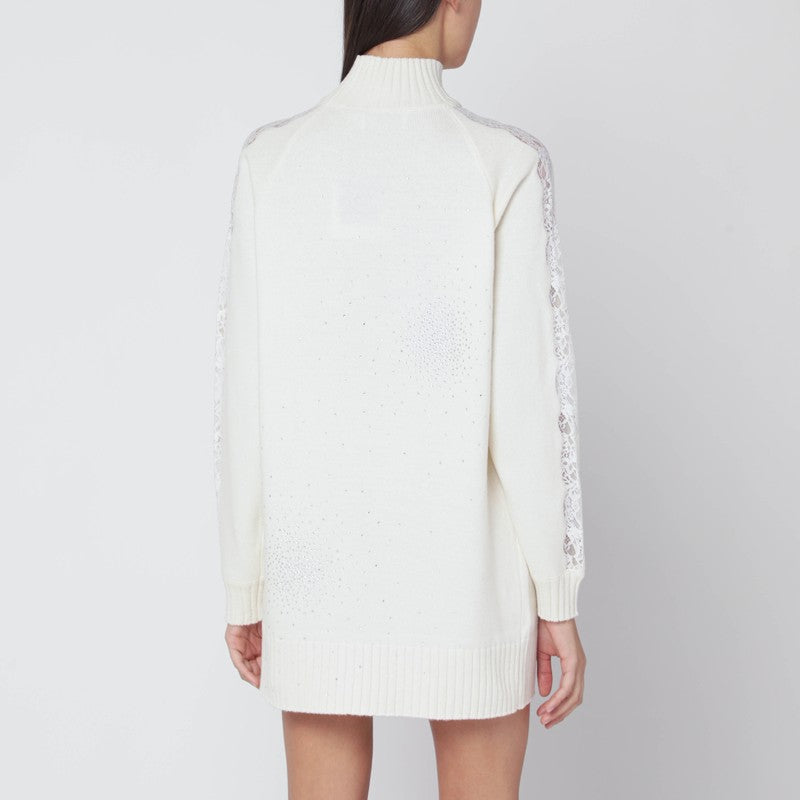 Giuseppe Di Morabito White Wool &amp; Cashmere High-Neck Lace Crystal Dress White