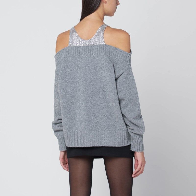 Giuseppe Di Morabito Grey Wool Sweater with Crystal Embellished Shoulders Grey