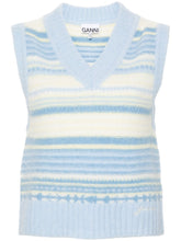 Ganni Striped Sleeveless Merino Wool-Blend Sweater Vest Clear Blue