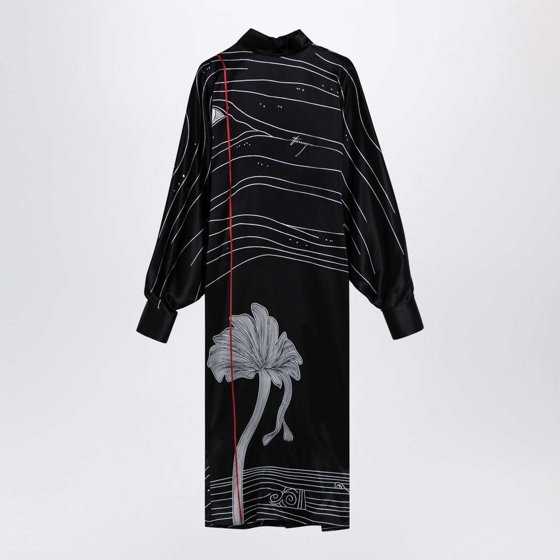 Ferragamo Black Silk Satin Midi Dress with Spirit Print Black