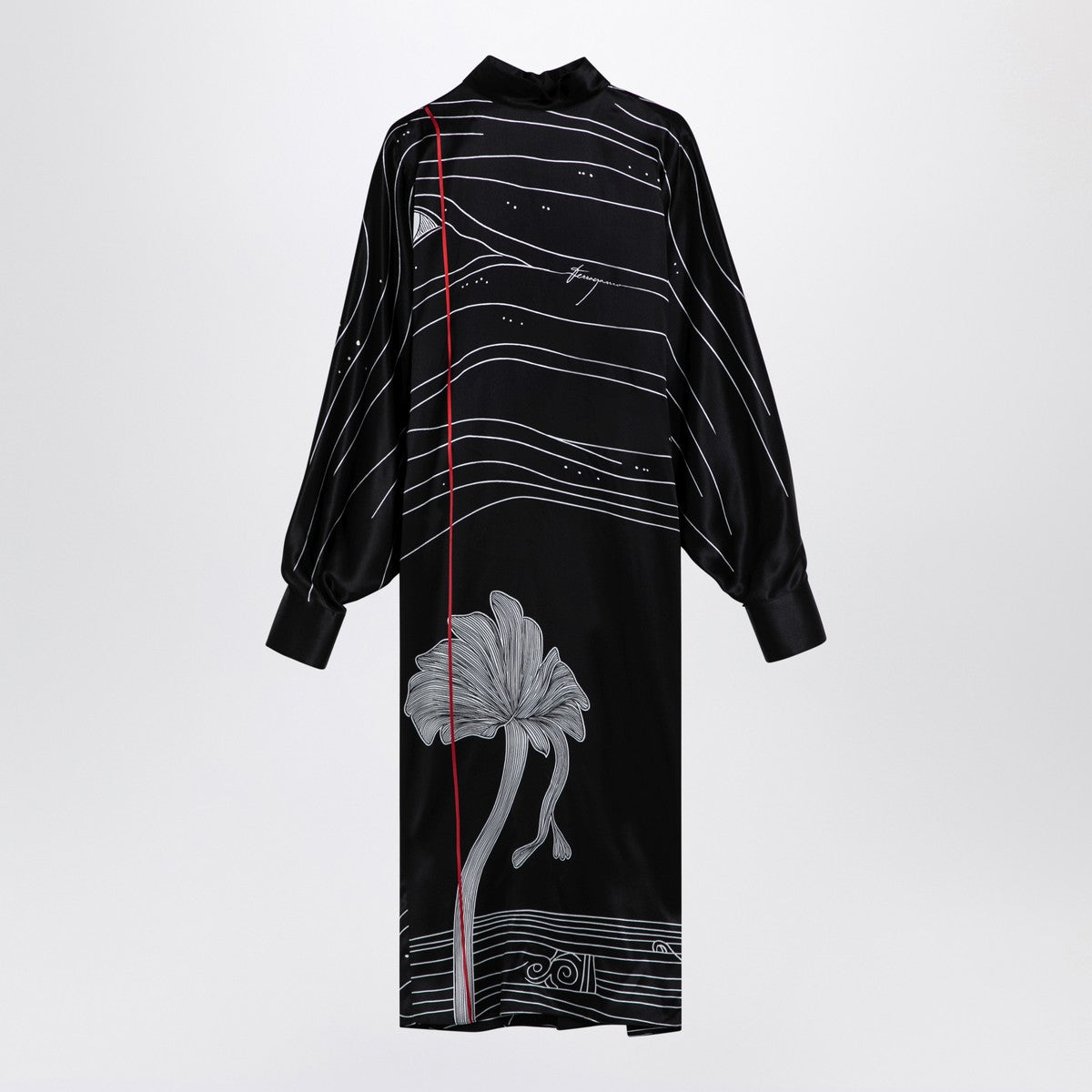 Ferragamo Black Silk Satin Midi Dress with Spirit Print Black