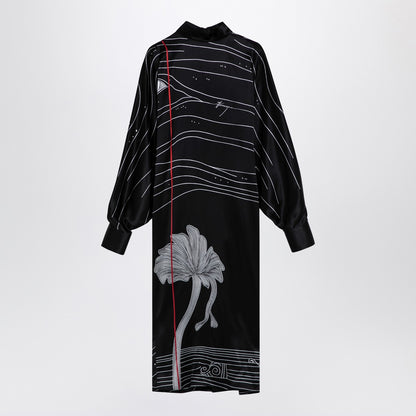 Ferragamo Black Silk Satin Midi Dress with Spirit Print Black