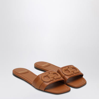 Ferragamo Gancini Cognac Leather Slides Metal