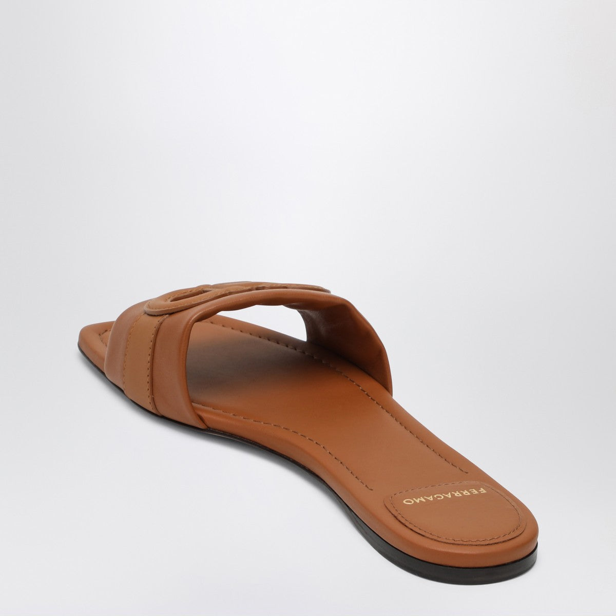 Ferragamo Gancini Cognac Leather Slides Metal
