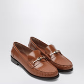 Ferragamo Moccasin with Gold Chain Detail in Brown Leather brown