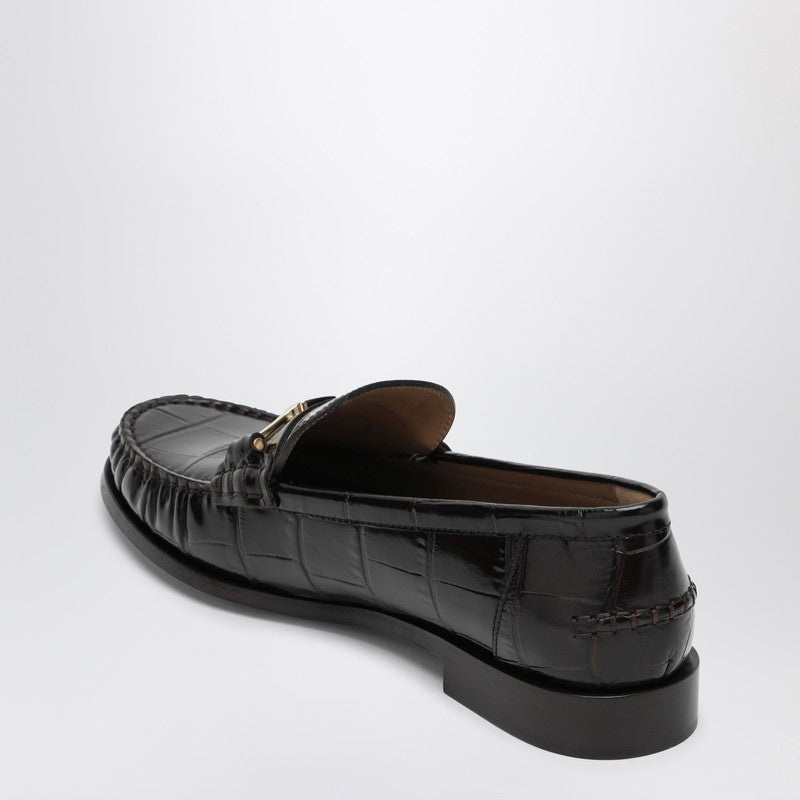 Ferragamo Dark Brown Crocodile Effect Leather Moccasins with Gold Vara Chain Brown