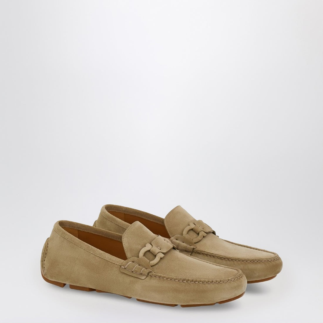 Ferragamo Safari Suede Gancini Driver Loafers Brown