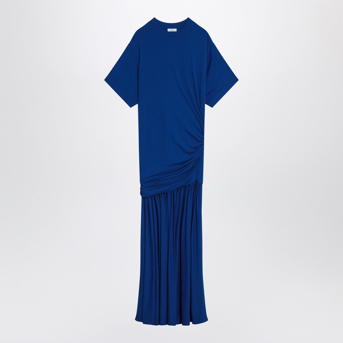 Ferragamo Long Blue Draped Jersey Maxi Dress with Asymmetric Pleated Skirt Blue