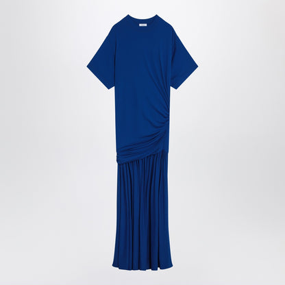 Ferragamo Long Blue Draped Jersey Maxi Dress with Asymmetric Pleated Skirt Blue