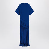 Ferragamo Long Blue Draped Jersey Maxi Dress with Asymmetric Pleated Skirt Blue