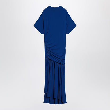 Ferragamo Long Blue Draped Jersey Maxi Dress with Asymmetric Pleated Skirt Blue