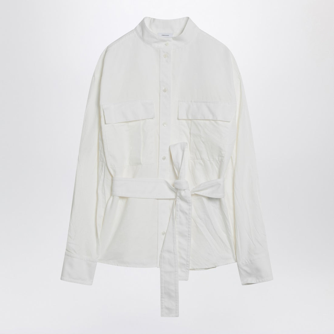 Ferragamo White Belted Cotton-Blend Shirt with Patch Pockets White