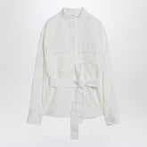 Ferragamo White Belted Cotton-Blend Shirt with Patch Pockets White